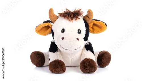 Cute Plush Cow Toy Sitting Isolated on White Background.