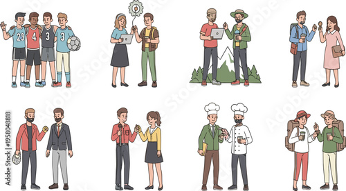 Diverse People Interaction Vector Set with Friends Couples Teammates and Professionals Communicating Collaborating and Socializing for Lifestyle Design and Community Illustrations.