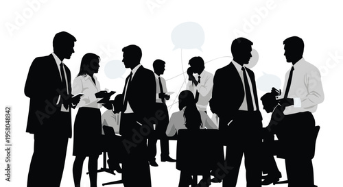 Business people standing in office space.