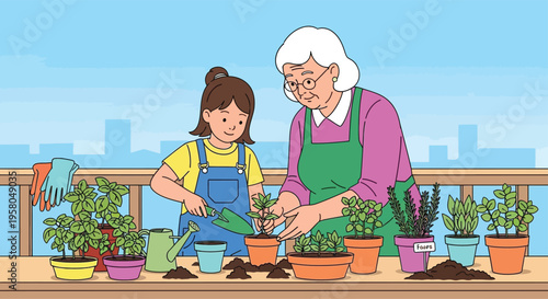 Grandmother and granddaughter gardening together on a balcony.
