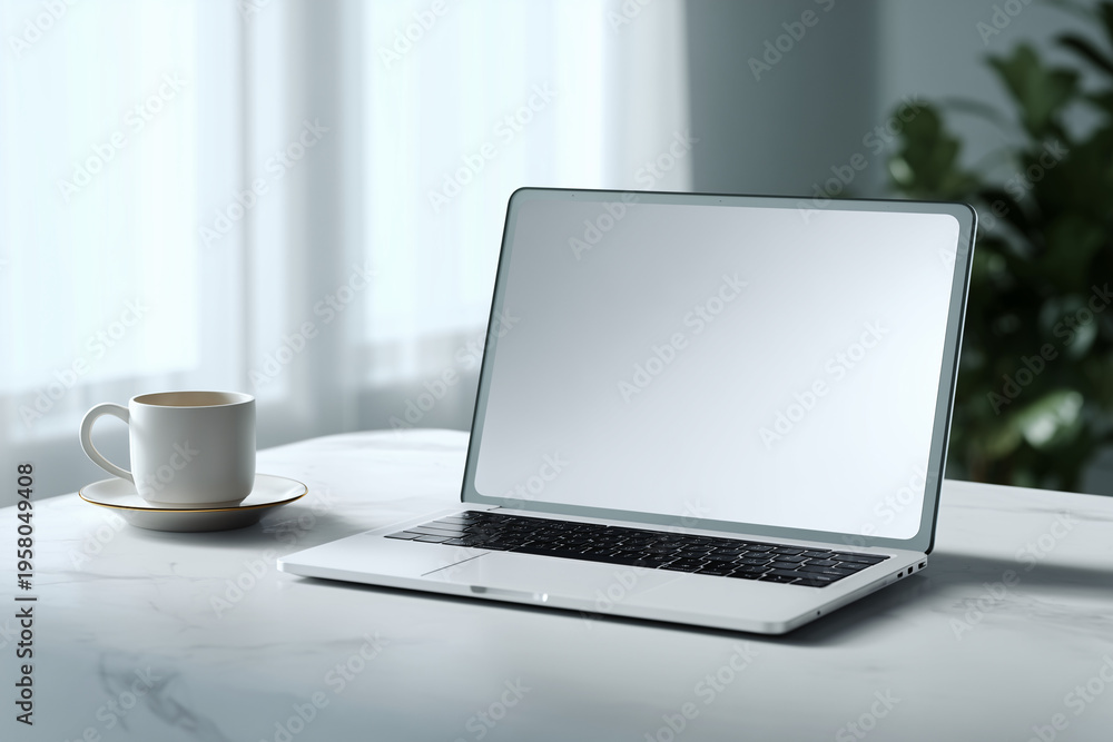Fototapeta premium A modern workspace featuring a laptop and a coffee cup on a table