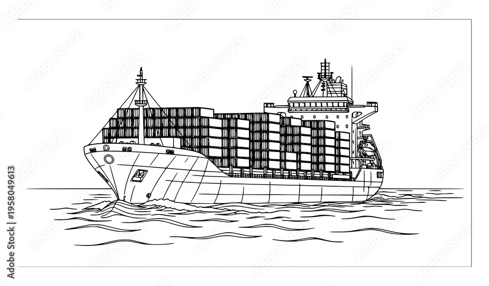 Fototapeta premium Detailed cargo ship line art coloring page with containers and ocean waves freighter vector illustration
