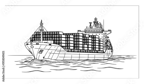 Detailed cargo ship line art coloring page with containers and ocean waves freighter vector illustration
