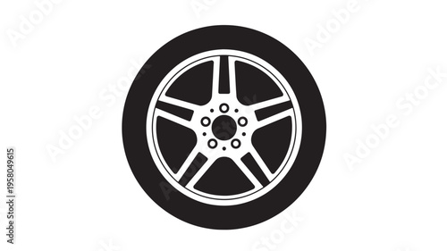 Wheel car rim with five spokes and tire, black silhouette on white background, graphic design element for automotive.