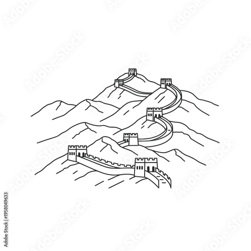 Great Wall of China ancient fortification structure illustration.