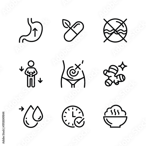 Digestive Health Icons Set Stomach Wellness Symbols.