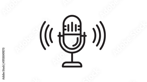 Microphone icon with sound waves indicating audio broadcasting or podcasting, rendered in a simple black outline style on a white background.