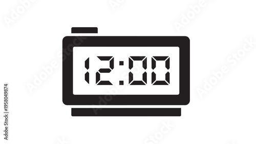 Digital alarm clock icon with 12:00 displayed on screen, representing timekeeping and modern design.