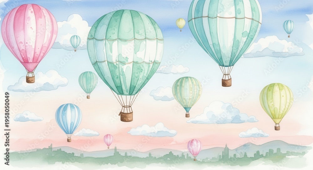 Obraz premium Watercolor Hot Air Balloons Floating in a Dreamy Sky.