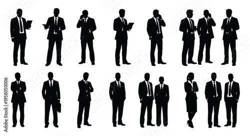 Silhouettes of businessmen in various poses.