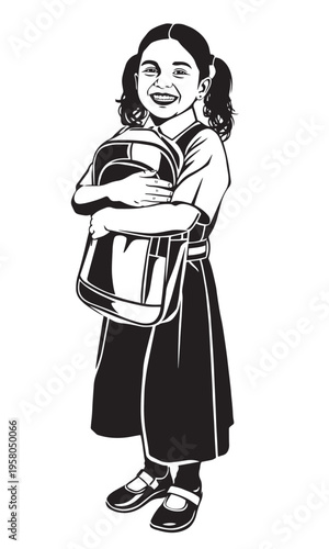A school girl kid black and white vector Stencil art
