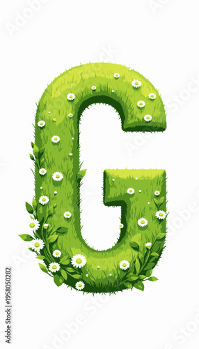 Illustration of a Vibrant Green Letter G Formed from Lush Grass and Blossoming Daisies Capturing the Essence of Nature and Typography Art