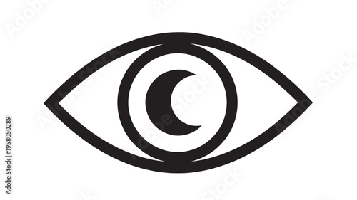 Eye silhouette with a crescent moon inside the iris, representing night vision or hidden observation in black line art.