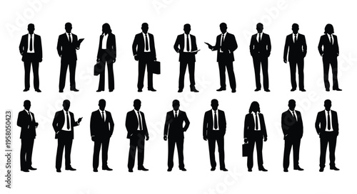 Silhouettes of businessmen in suits standing.