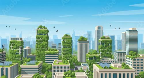 Green City Buildings with Vertical Gardens and Rooftop Vegetation.