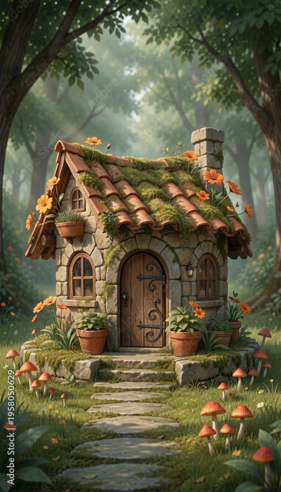 Fototapeta premium Cottage Core Fairy Tale House Illustration with Stone Path and Nature Setting