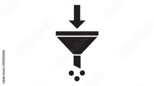 Funnel icon with downward arrow showing filtration process and three small circles exiting the spout