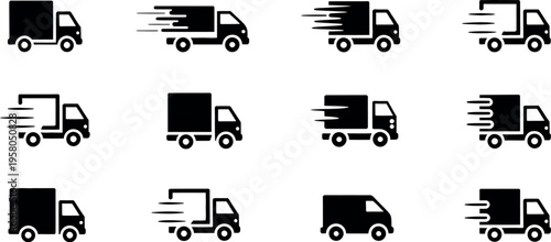Delivery truck icon set with express shipping symbols representing fast logistics service, cargo transport and 24 hours delivery illustration