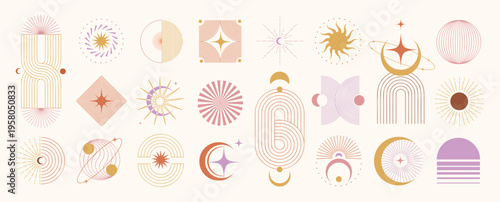 Mid-century modern celestial geometric abstract icon set vector. Retro sun moon star rainbow and orbit symbol collection for boho wall art, logo design, posters, branding and decorative graphics.