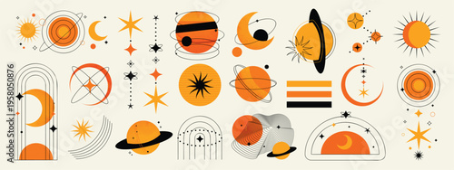 Mid-century modern celestial sun moon planet star abstract icon set vector. Retro cosmic symbol collection with boho line art elements for wall art, logo design, posters, branding and decorative art.