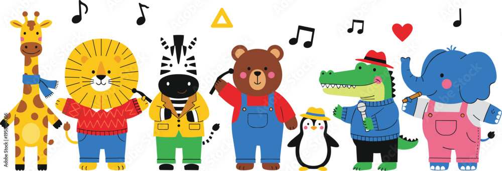 Fototapeta premium Cute Cartoon Animals Singing Music Band Characters Vector Illustration Set