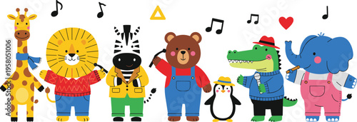 Cute Cartoon Animals Singing Music Band Characters Vector Illustration Set