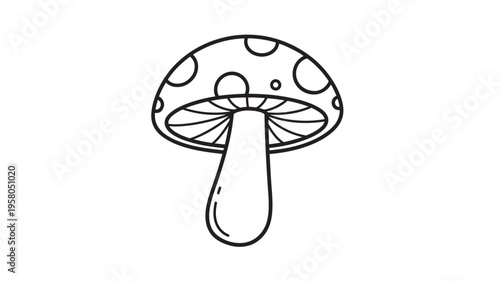 Mushroom icon with round spots on cap and gills on underside, isolated on white background, stylized cartoon drawing