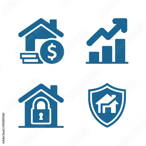 Blue icons of house, finance, security, and growth on white background