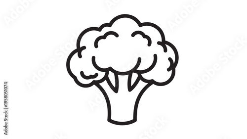 Broccoli icon with thick black outline, isolated on white background, symbolizing healthy eating and fresh vegetables for culinary designs.