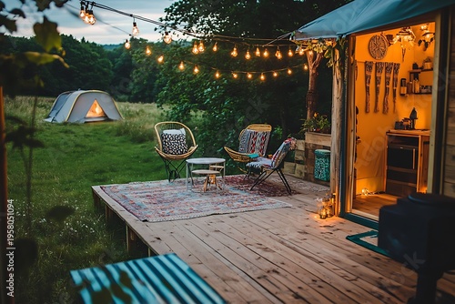 fairy lights hanging in a bohemian outdoor patio