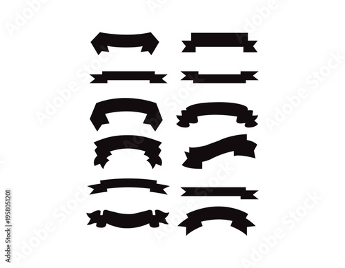 Collection of black ribbons and banners in various shapes for design projects, isolated elements