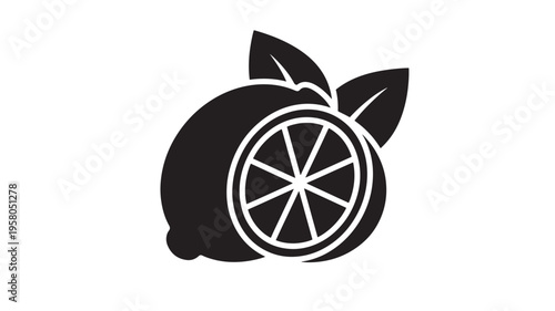 Lemon icon with slice and leaves in solid black silhouette, representing freshness and citrus. featuring fruit, leaf, food with ingredient and