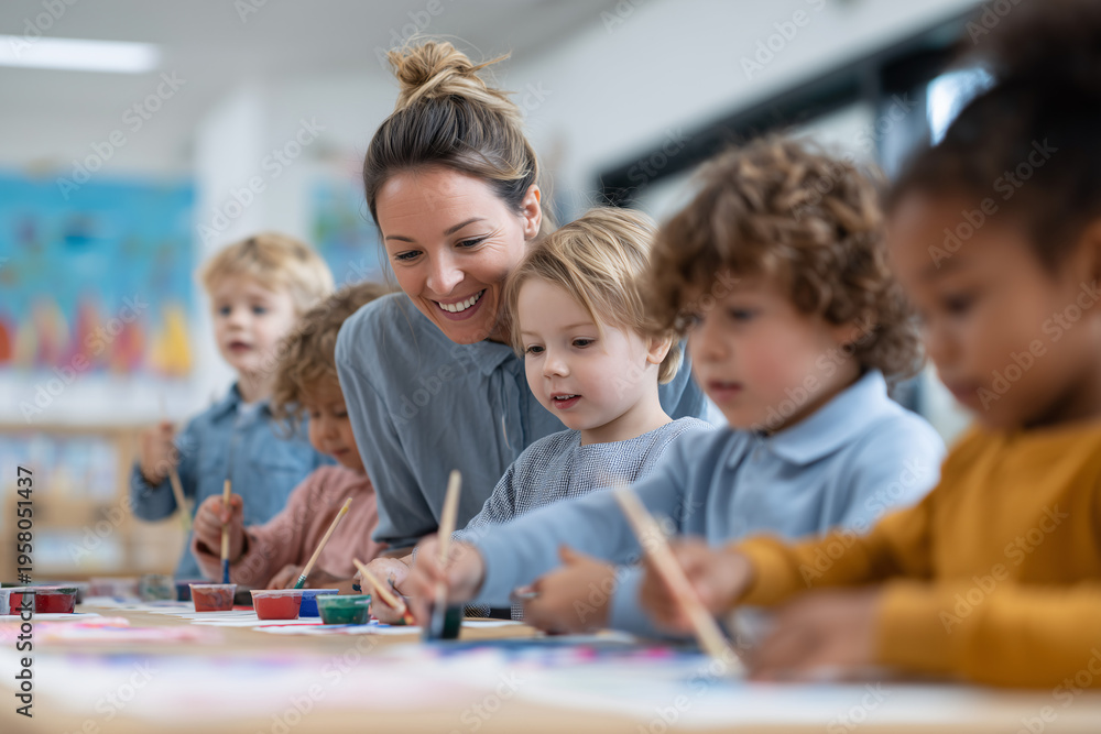 Fototapeta premium Children and educator happily engaged in a creative activity in the classroom