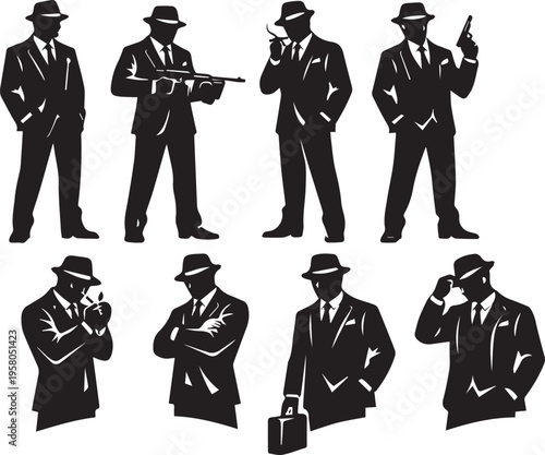 Retro Mafia Gangster Silhouettes Set – Stylish Men in Formal Suits and Fedora Hats in Various Standing Poses – Film Noir Detective Style Male Characters – Black Isolated Vector Illustration for Crime 