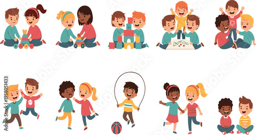 Happy Kids Playing Together Vector Set with Diverse Children Running Jumping Building and Group Activities for Preschool Education Designs and Creative Illustrations.