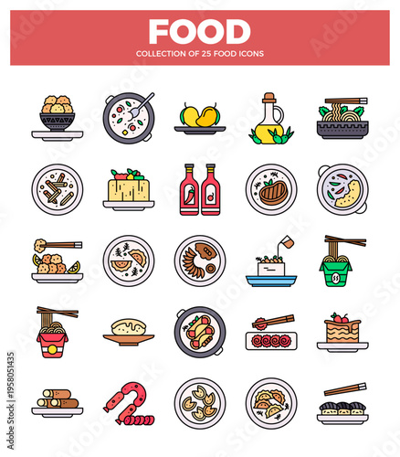 Colorful flat food icons collection on white background