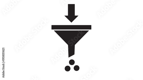 Funnel icon with downward arrow and three circles, representing filtering and separation process in black and white.