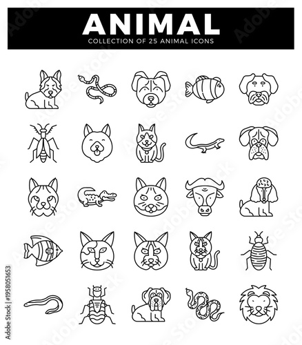Animal icon collection featuring dogs. cats. fish. reptiles. insects. and a buffalo