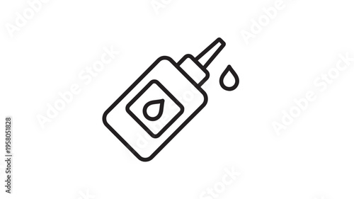 Glue bottle icon with a drop of liquid, a simple black outline illustration for design and decoration purposes.