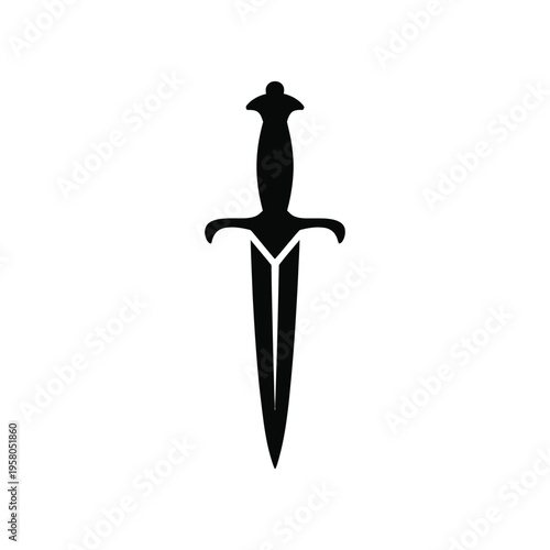 A black dagger silhouette with a white background and intricate design