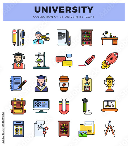 University icons set with educational and creative symbols