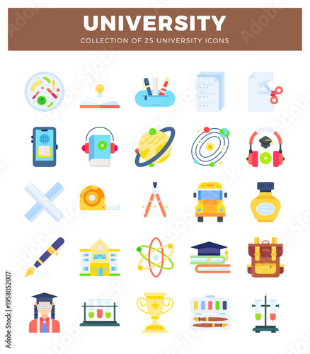 University icons collection featuring science. education and school supplies. Vector flat illustration of modern university elements.