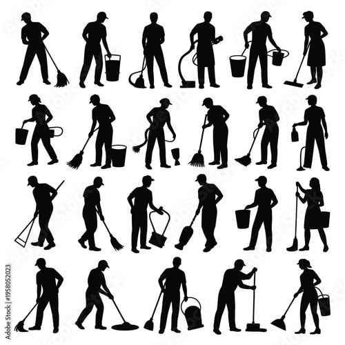 A collection of silhouetted people cleaning with various tools