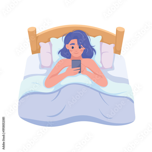 A woman lies in bed and uses her smartphone at night