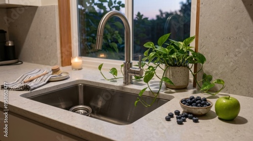 Modern brushed chrome faucet over a stainless steel kitchen sink with blueberries and a lit candle nearby