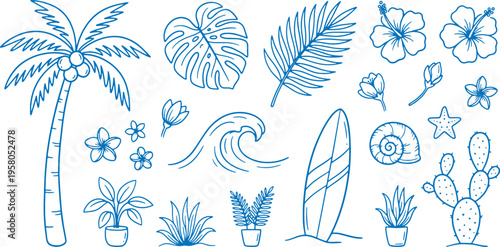 Tropical summer vacation elements with palm trees surfboards and exotic plants on white background