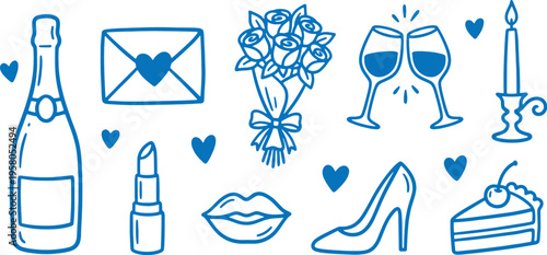 Romantic evening icons with champagne flowers and gifts on white background for valentine's day or anniversary celebration