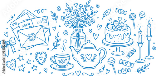 Romantic blue line art still life with teapot cake flowers and letters on a white background for valentine's day or anniversary celebrations
