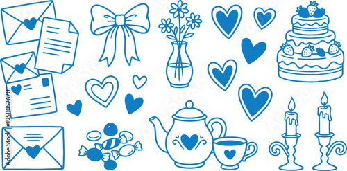 Blue valentine's day icons set with hearts cake tea and letters on white background for love and romance concepts