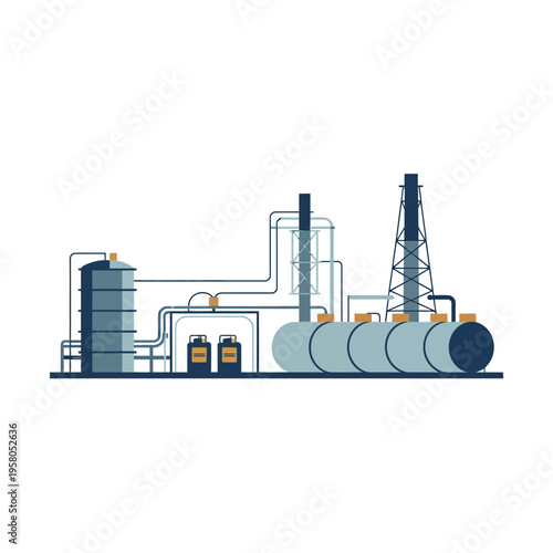 An industrial oil refinery with various storage tanks and machinery